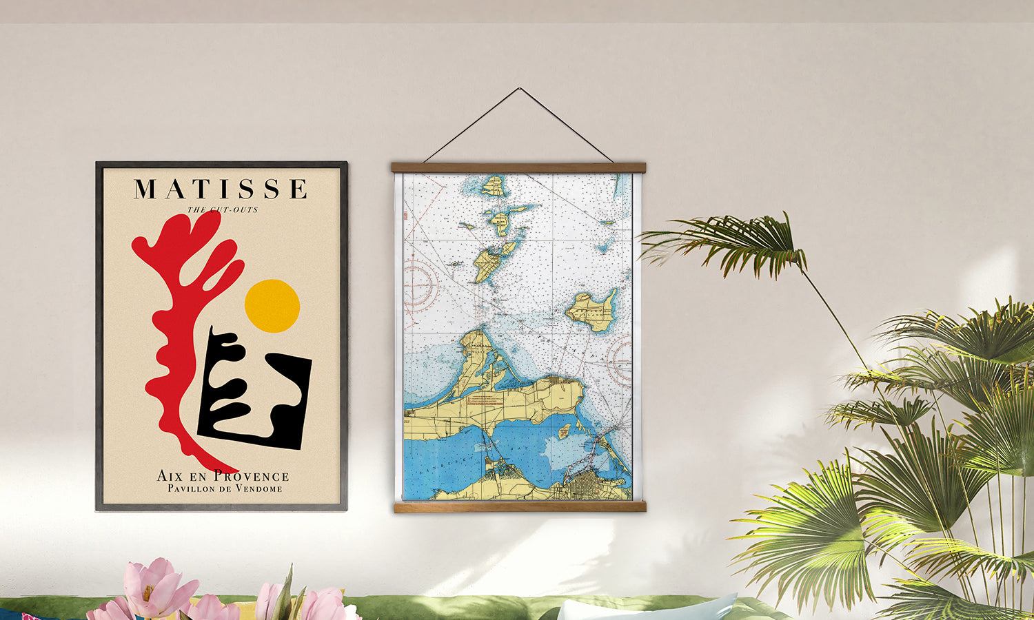 Nautical chart scroll with wooden dowels at top and bottom