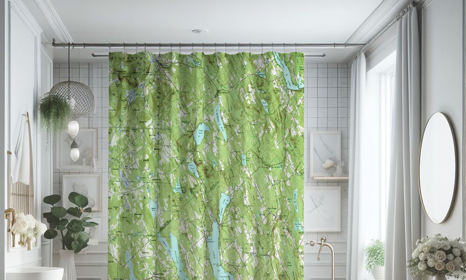 Bathroom featuring ocean chart shower curtain