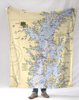 Fleece blanket with a map design on a white background