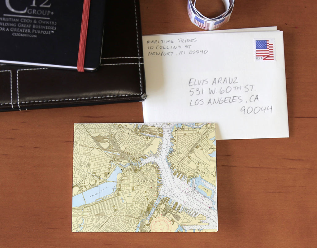 Boston, MA Inner Harbor Chart Notecard, Pack of 24 Notecards