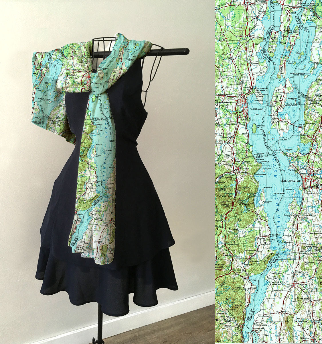 Topographical Lake Champlain map scarf draped on mannequin