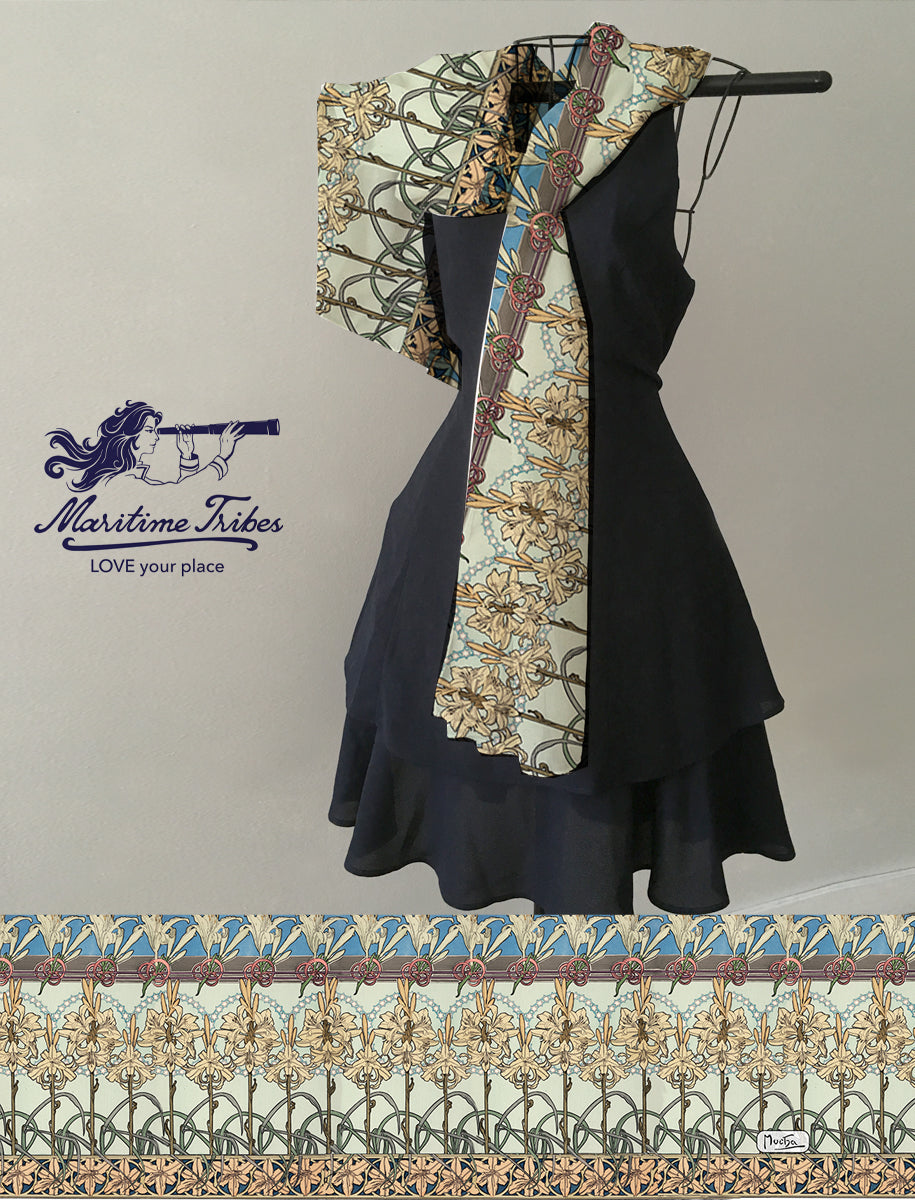 Alphonse Mucha scarf decorative panel featuring an Art Nouveau composition with flowing lines and ornate detail