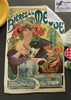 A colorful tea towel featuring a historical advertisement design with a woman, flowers, and text, representing the 'Bières de la Meuse' by Alphonse Mucha.