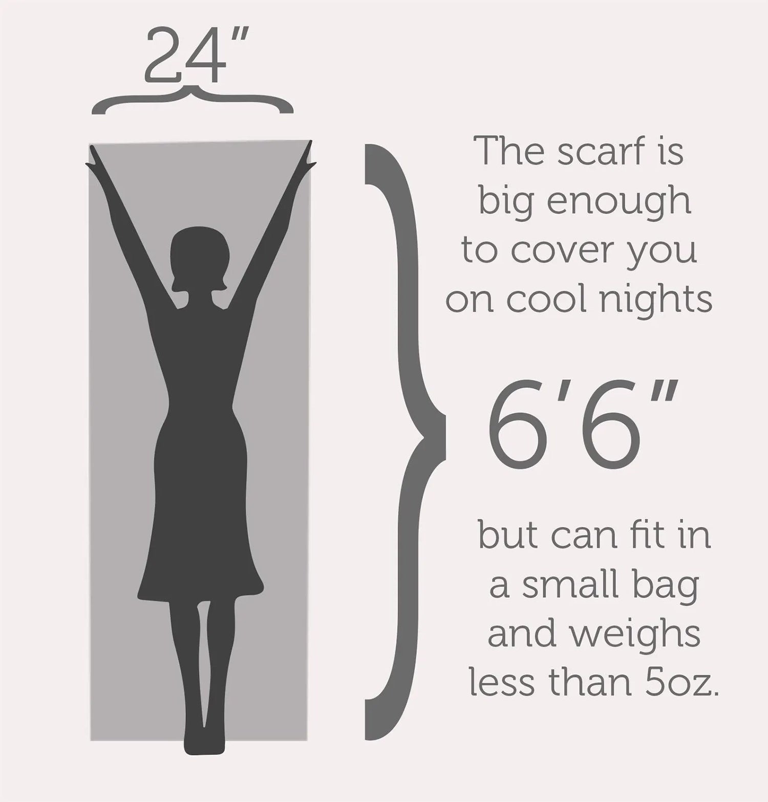 Illustration of a scarf with dimensions and text about its size and weight.