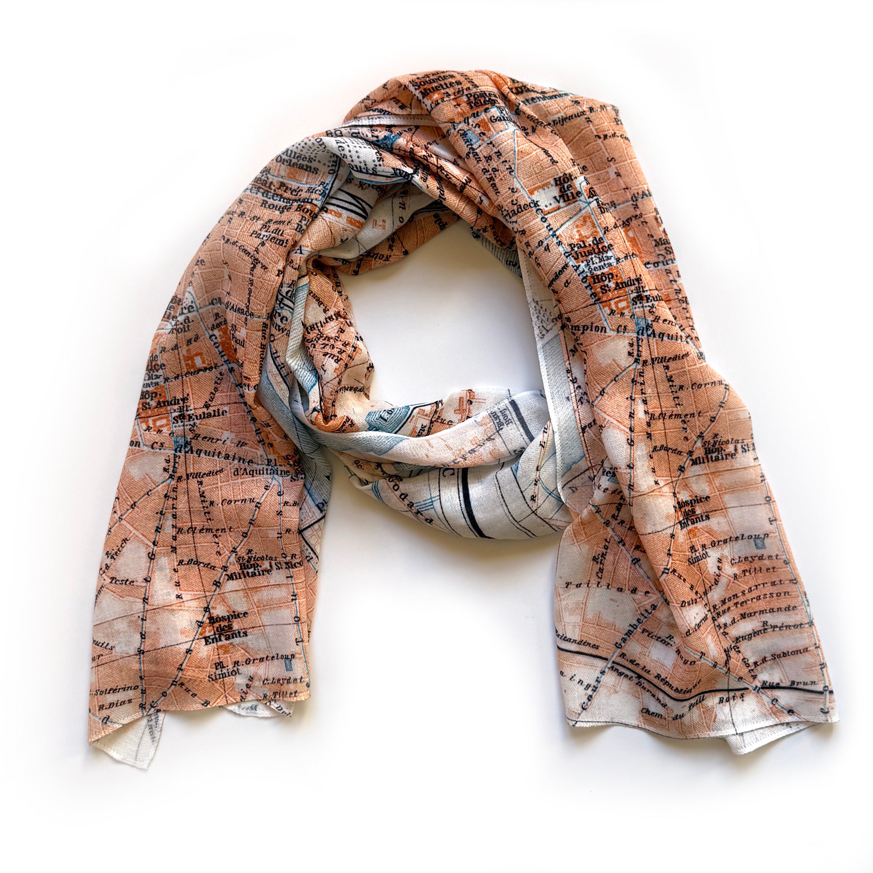 Map-themed scarf on a white background