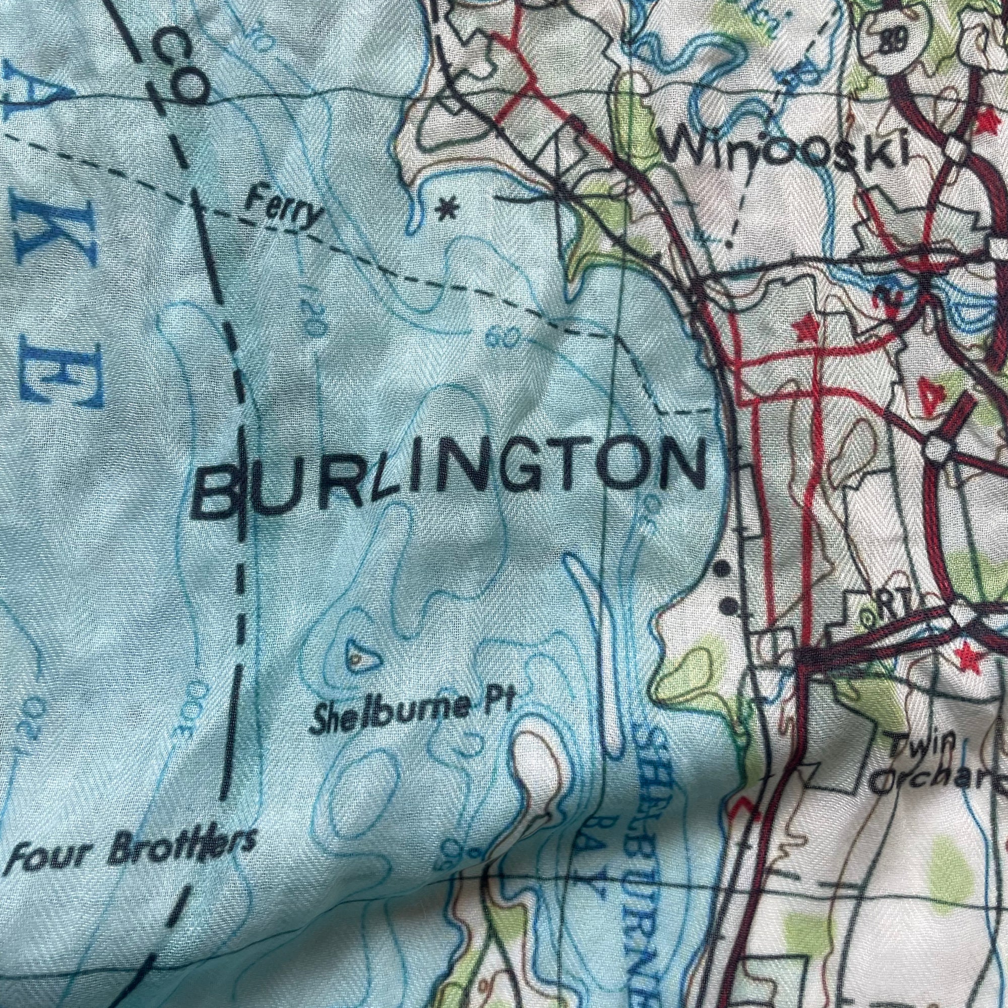 Lake Champlain scenic map scarf close up on lightweight fabric