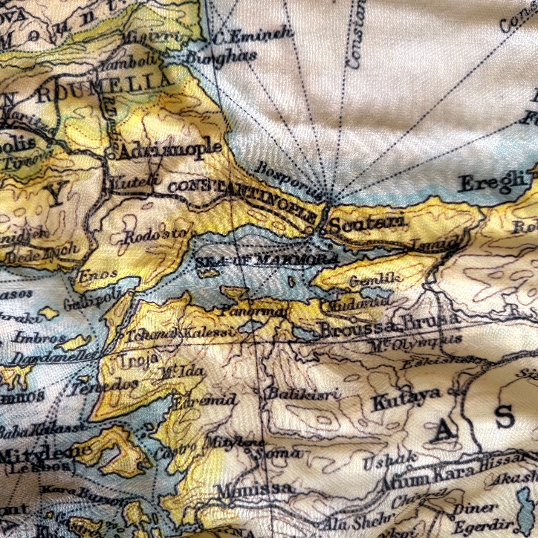 Close-up of an old map showing historical geographical details