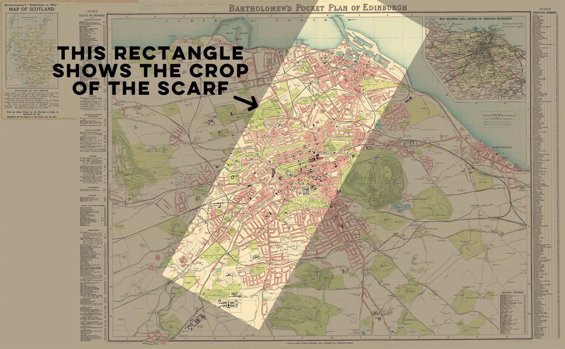 Map of Edinburgh with text indicating a crop area for a scarf design.