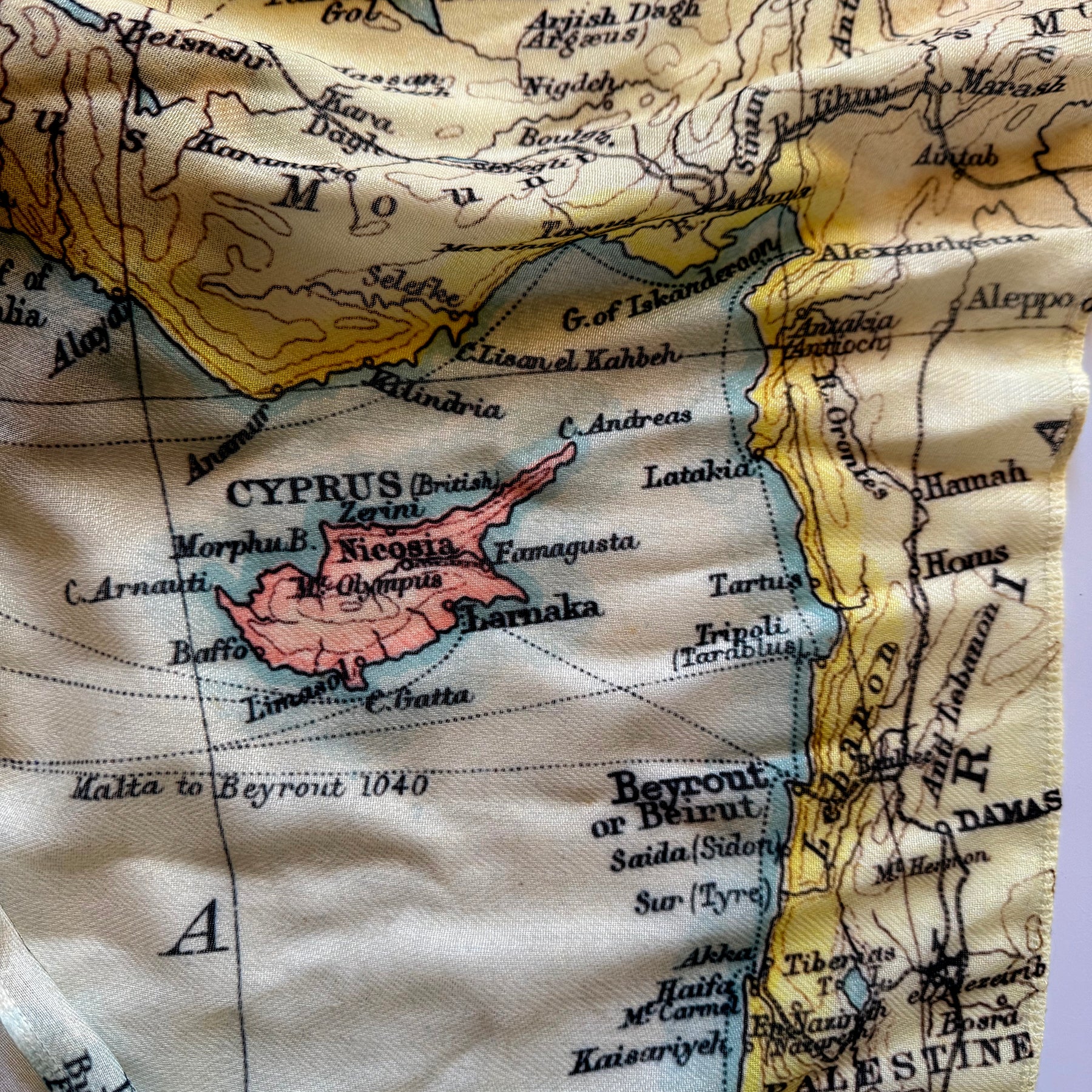 Close-up of a vintage map showing Cyprus and surrounding regions.