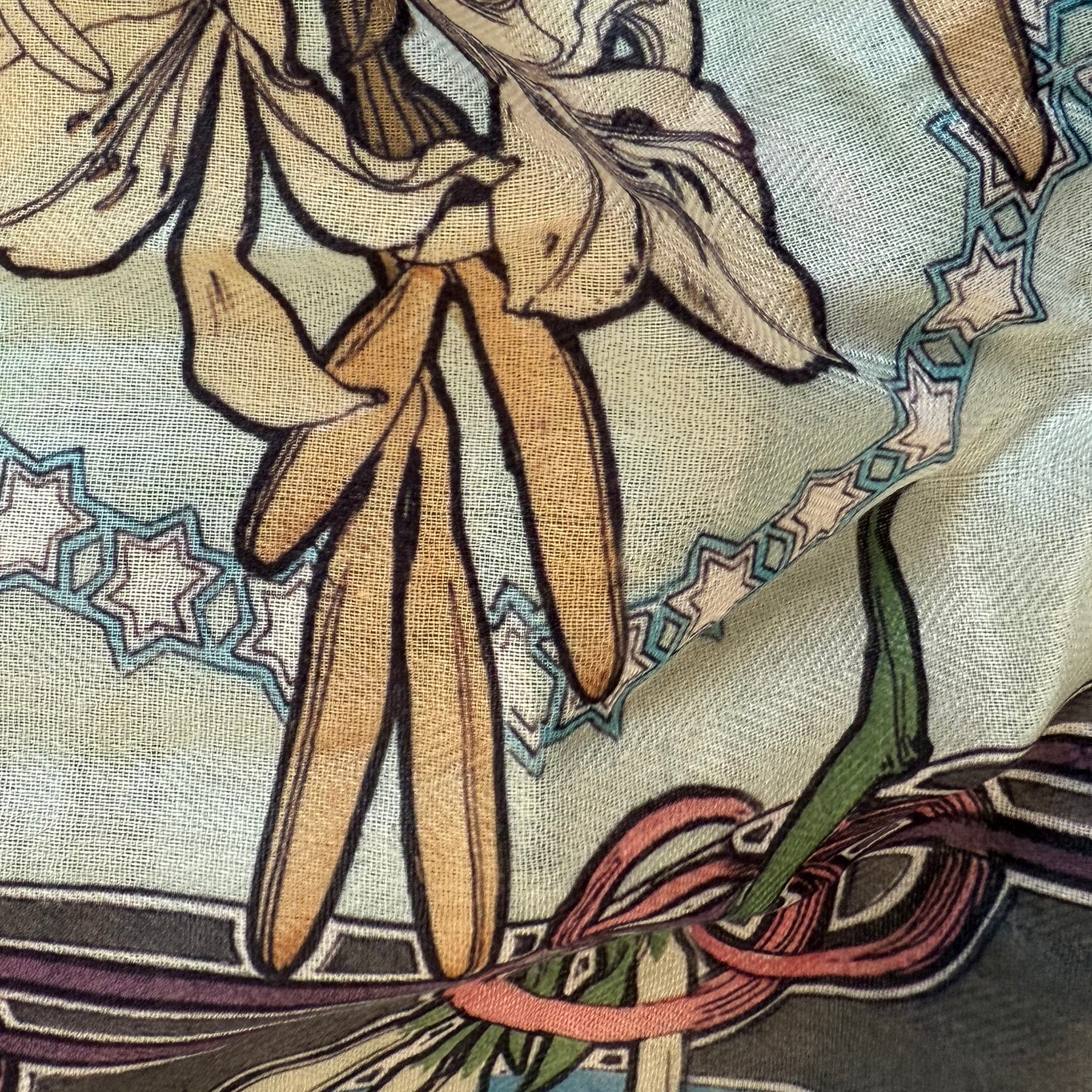 Illustrated scarf inspired by historic European decorative art traditions