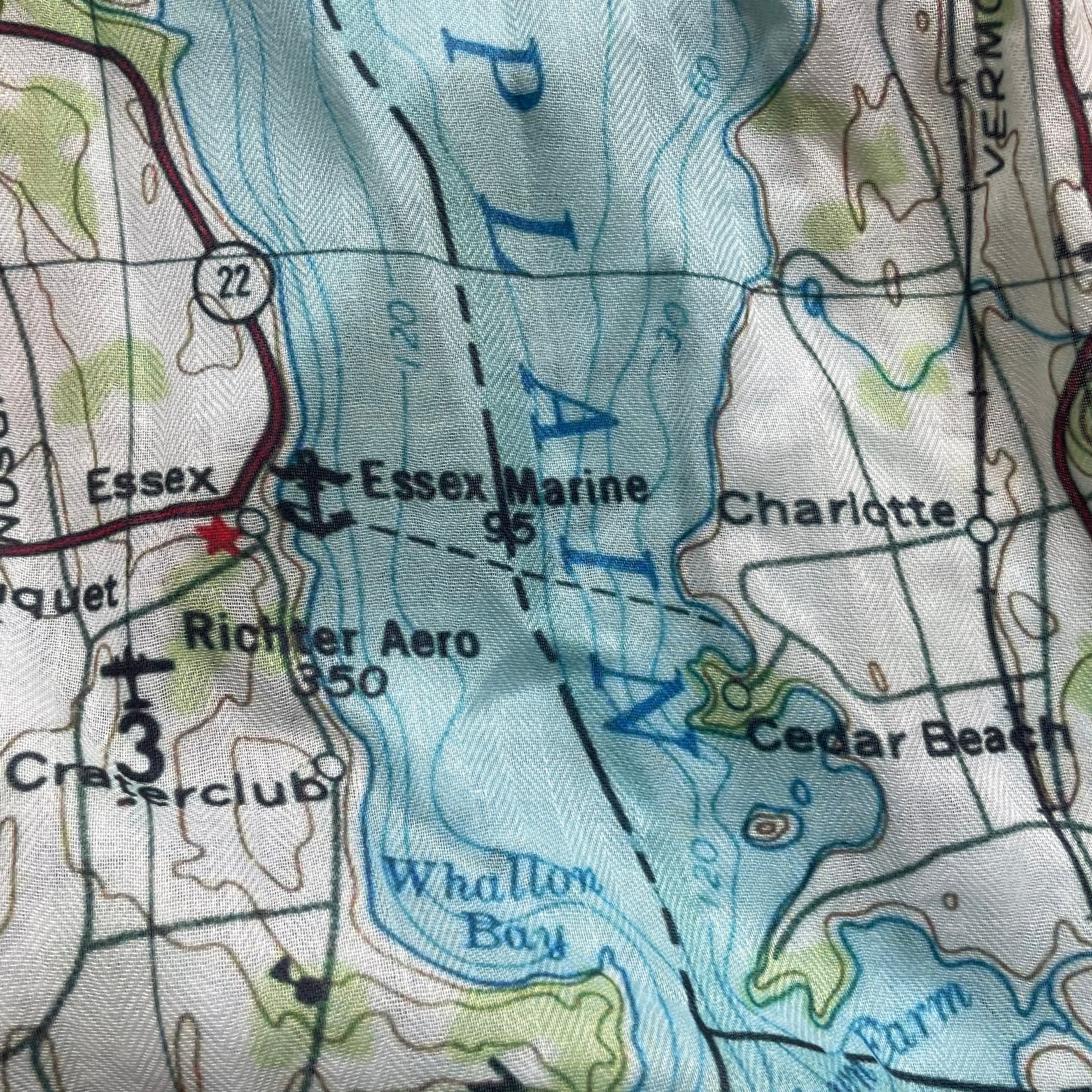 Lake Champlain scenic map scarf close up on lightweight fabric