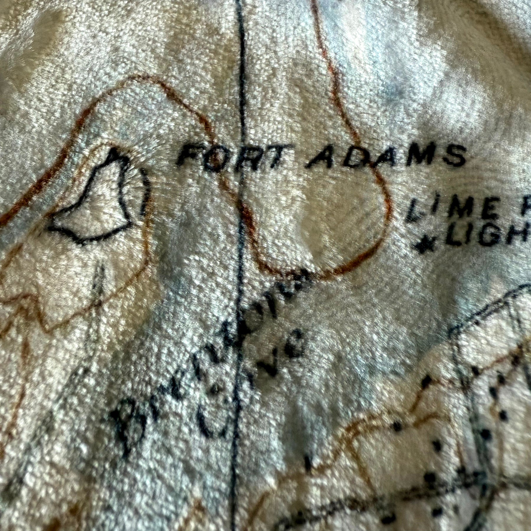 Close-up of a map with 'Fort Adams' and 'Lime Light' labeled on it.
