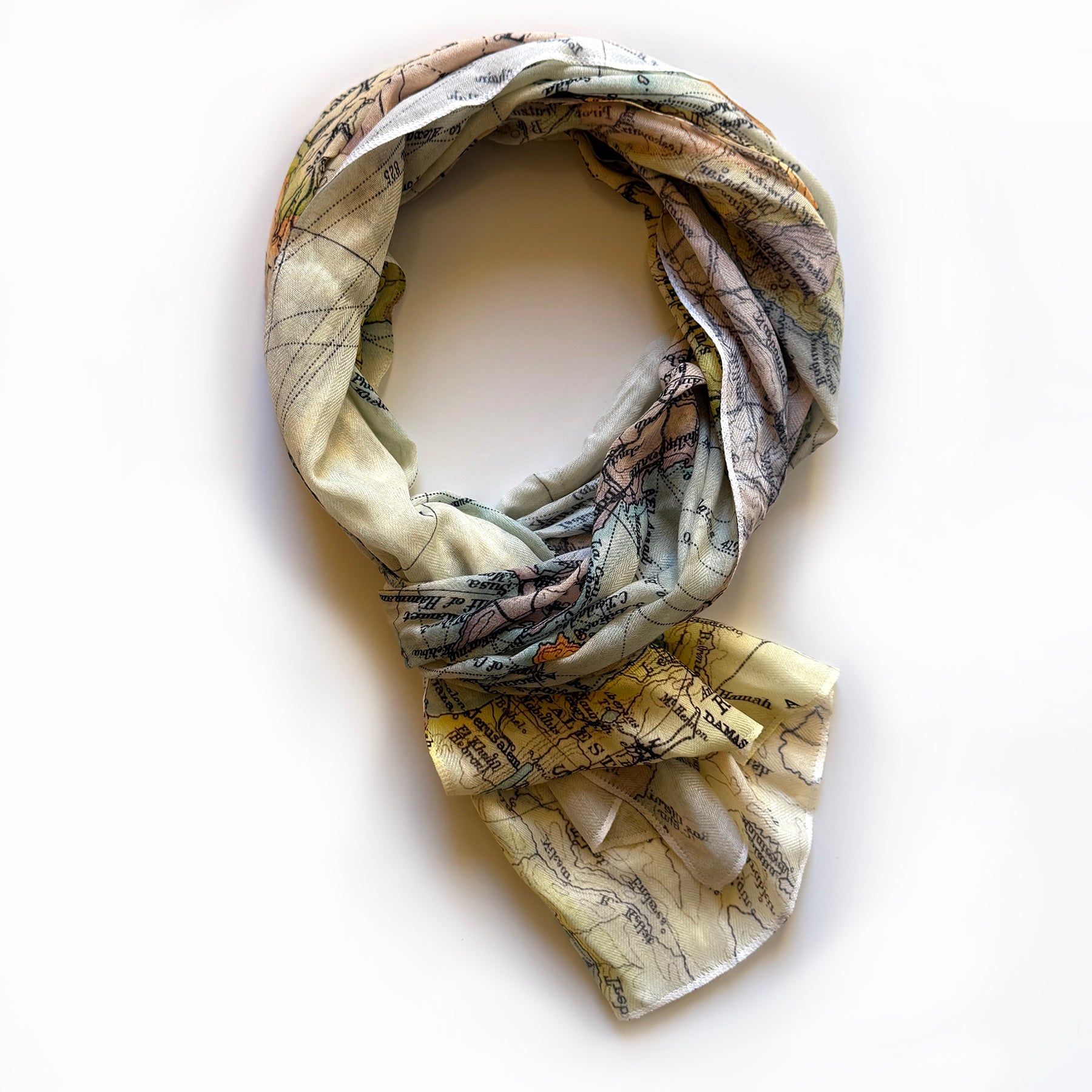 Map patterned scarf on a white background