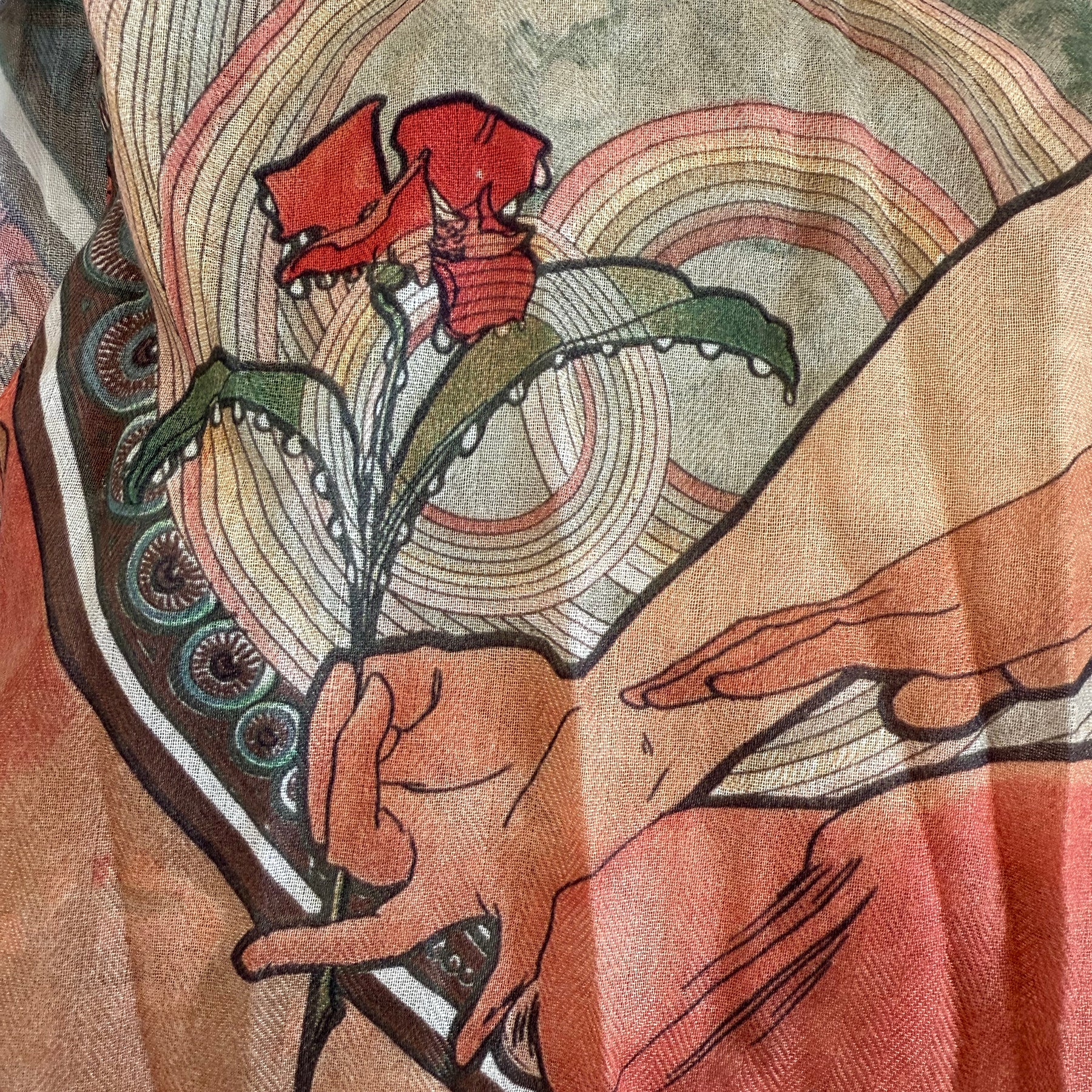 Artistic depiction of hands reaching towards a floral design with abstract elements.