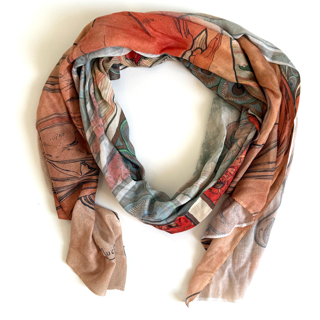 A scarf with artistic patterns and soft colors, featuring floral and circular motifs based on Alphonse Mucha's work 'The Arts: Painting'.