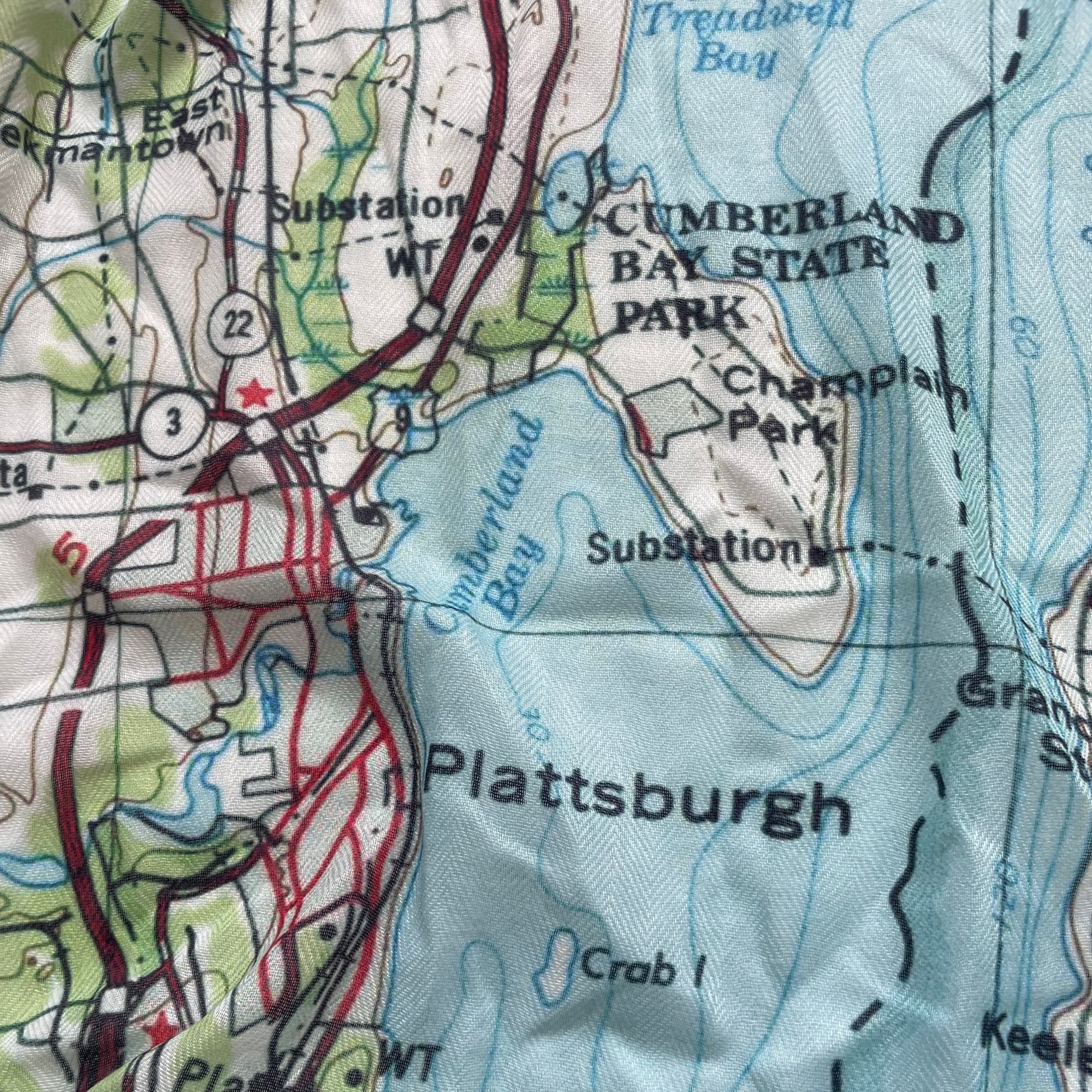 Lake Champlain scenic map scarf close up on lightweight fabric