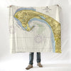 Large vintage map of a coastal area displayed on a white background
