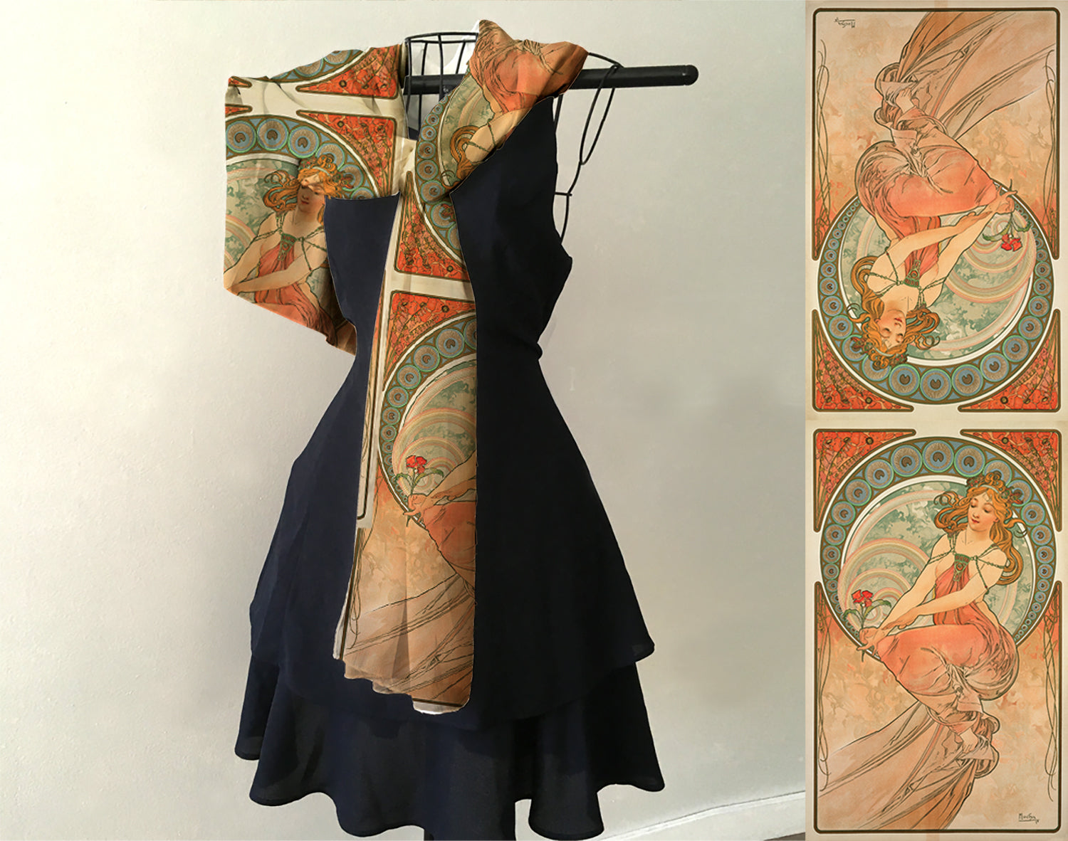 An elegant scarf featuring the artwork 'Painting' from Alphonse Mucha's series 'The Arts'. The scarf displays a serene muse, surrounded by floral patterns and circular motifs, rendered in soft, flowing viscose.