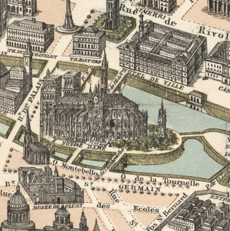 Historic Paris bird’s-eye style map textile suited for home decor or cozy layering