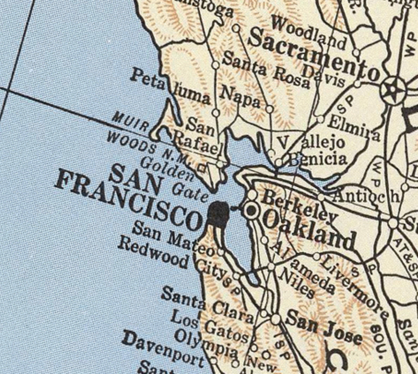 Vintage map of the San Francisco Bay Area with cities and routes.