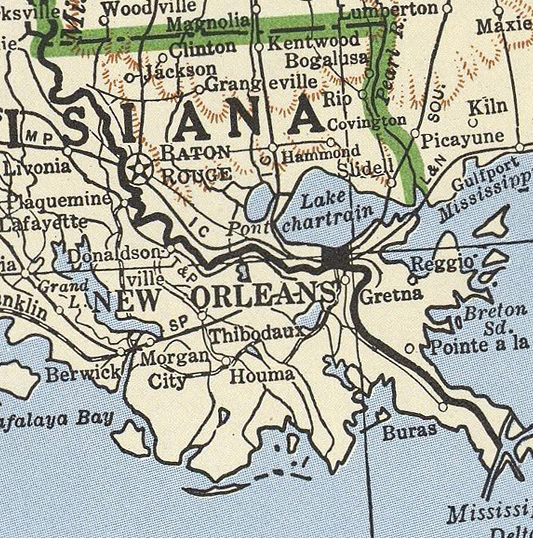 Vintage map of Louisiana focusing on New Orleans and surrounding areas.