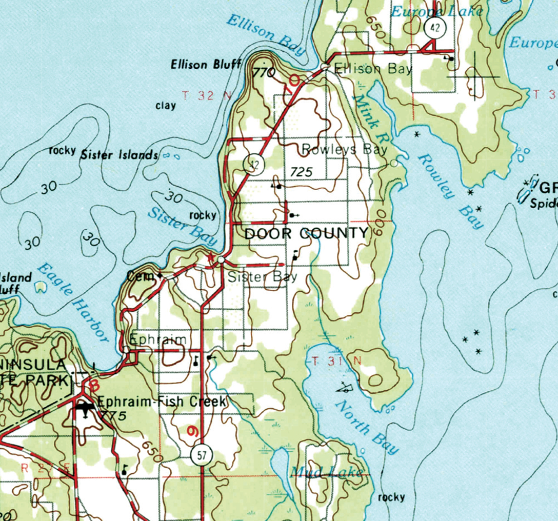 Topographic map of Door County with various locations labeled