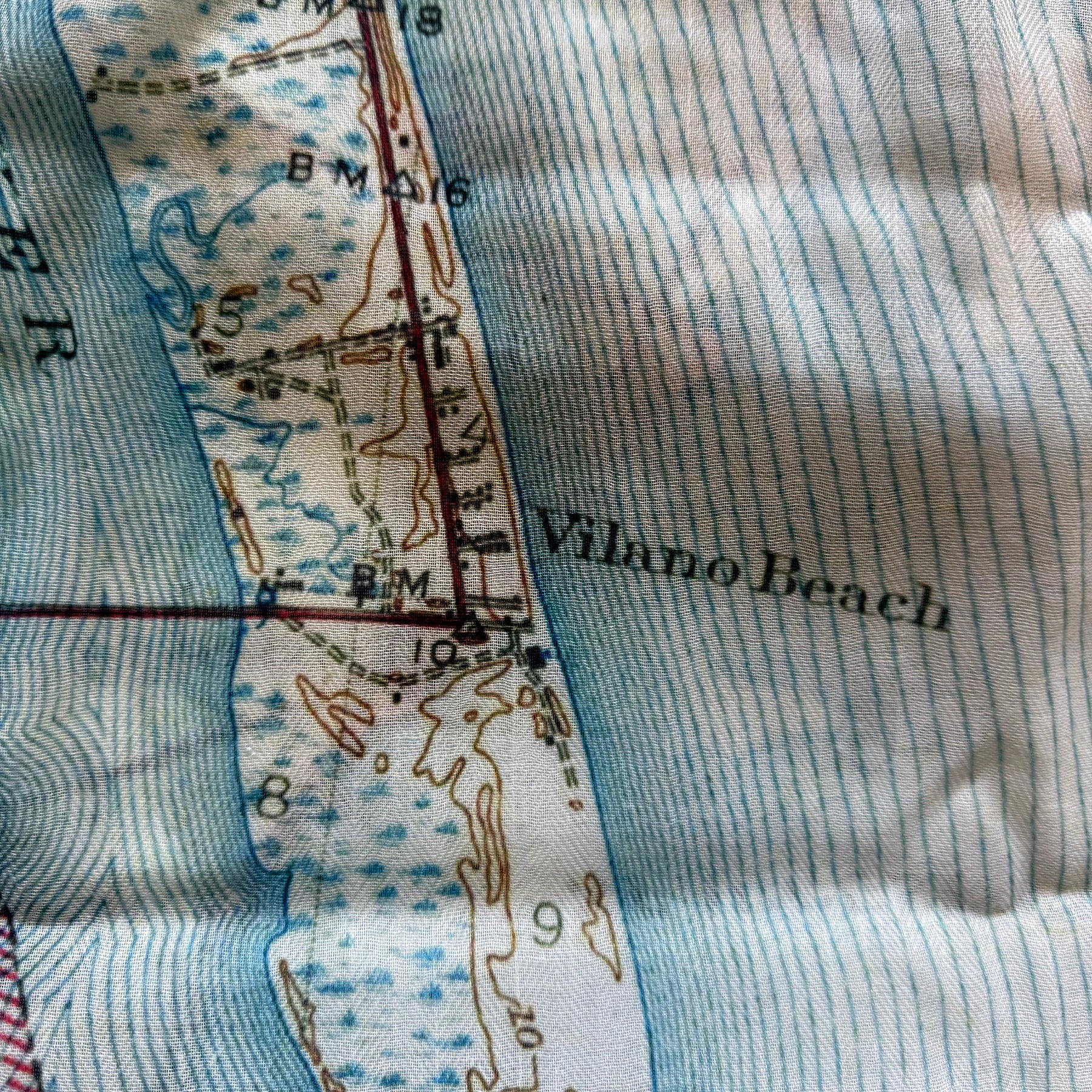 Close-up of a vintage map with 'Vilano Beach' labeled on it.