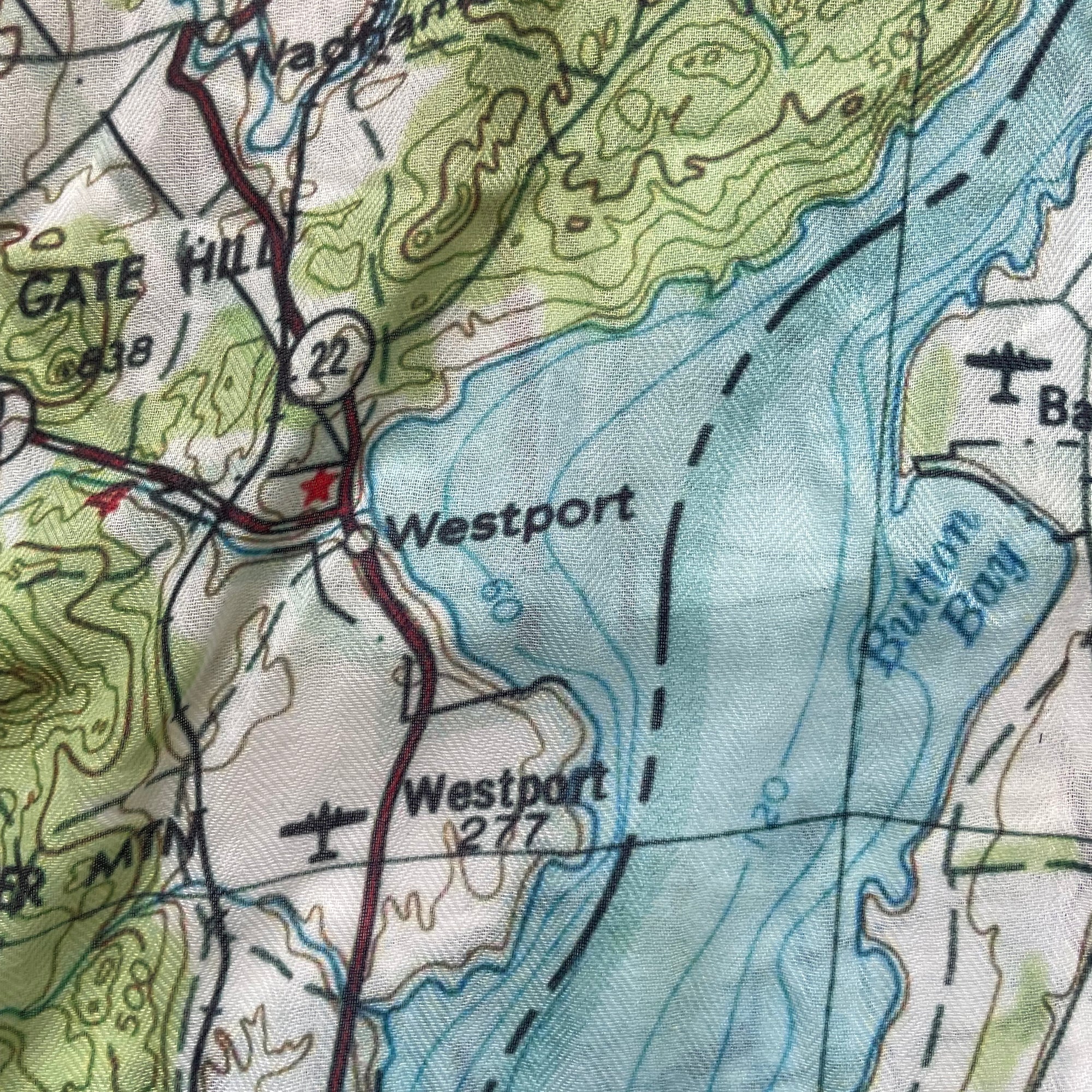 Lake Champlain scenic map scarf close up on lightweight fabric