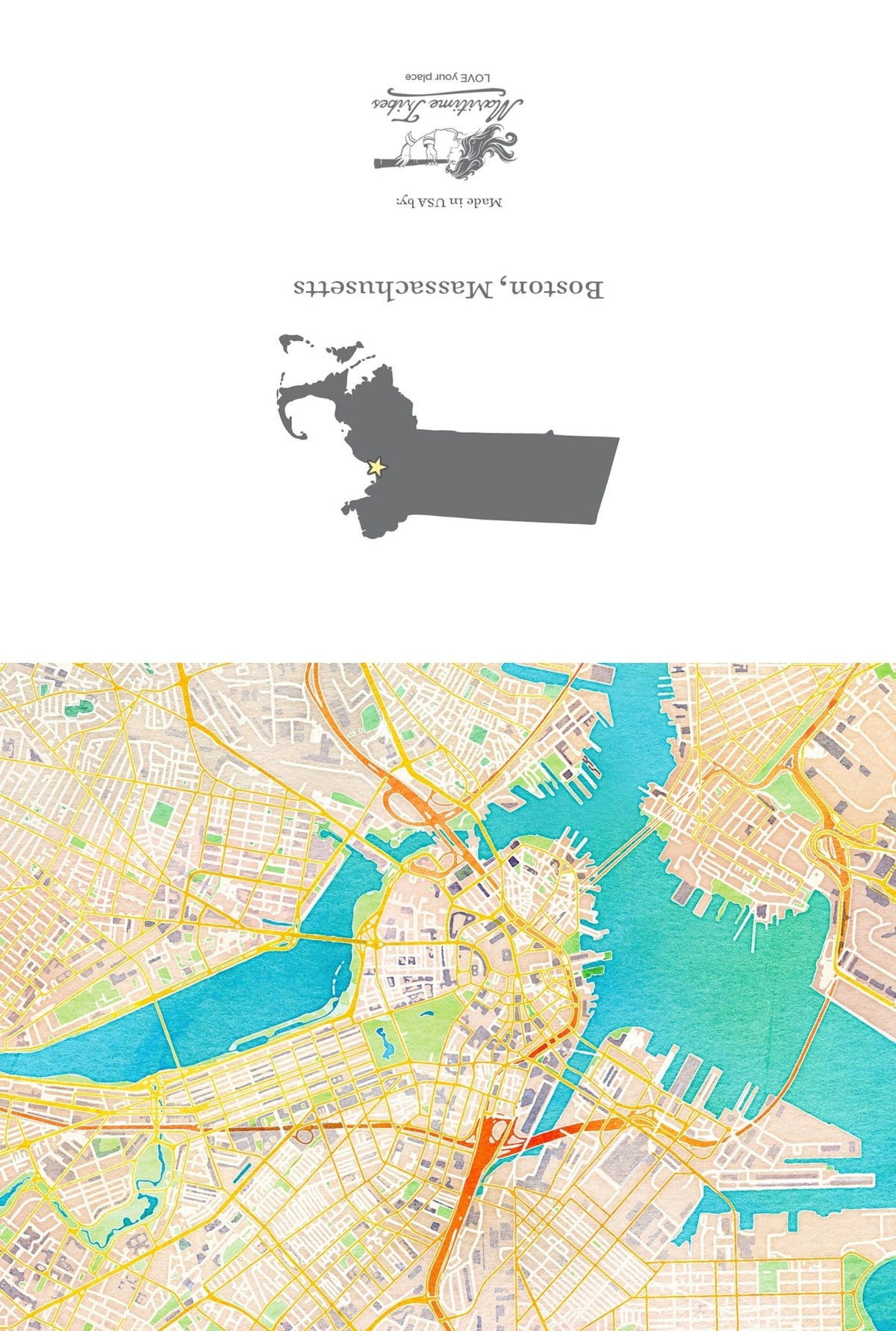 Boston, MA Watercolor Map Notecard, Pack of 24 Notecards - Maritime Tribes USANotecard