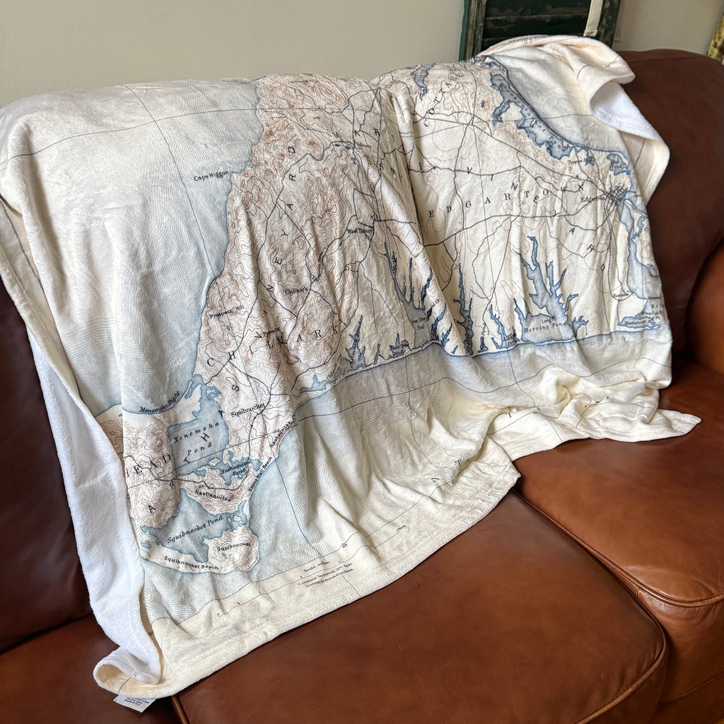 Map-patterned blanket draped over a brown couch
