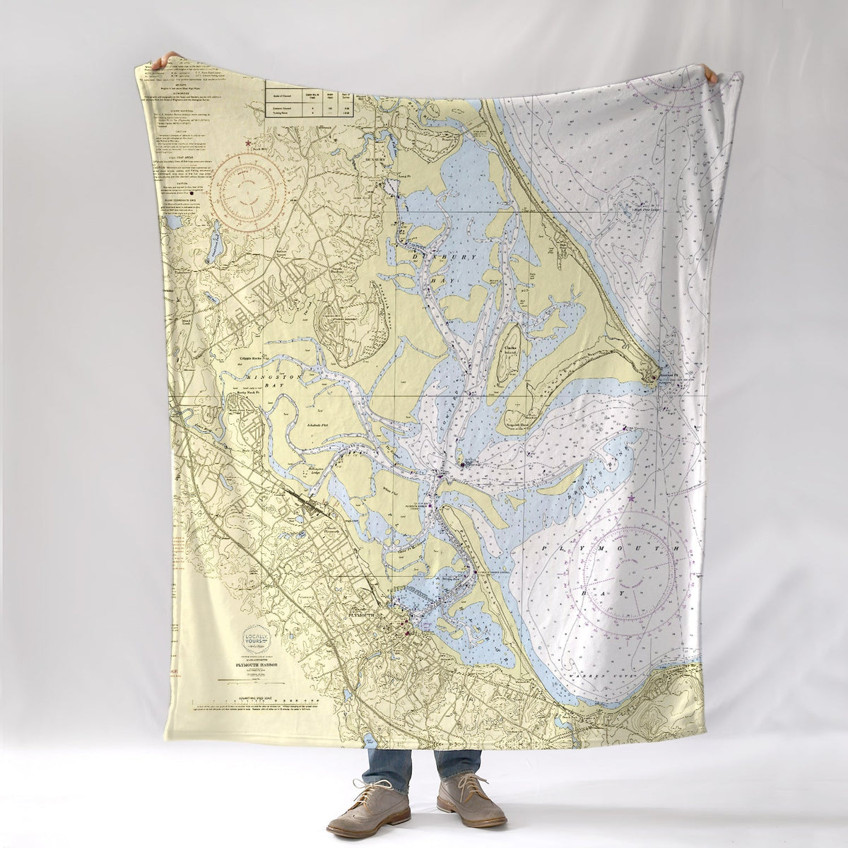 Plymouth & Duxbury MAHarbor Vintage Nautical Chart - WITH LOGO Blanket - Maritime Tribes USABlanket