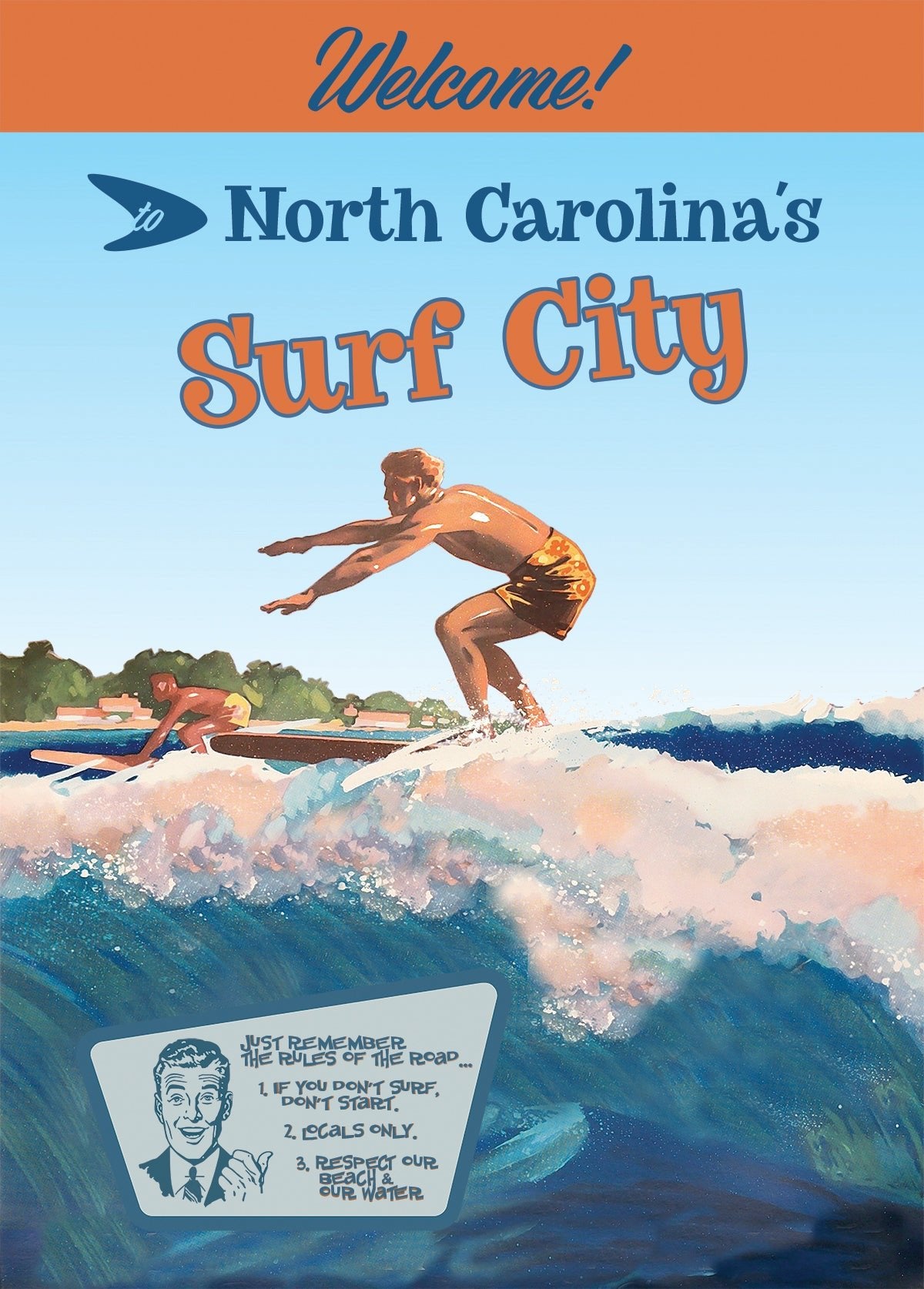 Vintage Surf Poster - 22" x 28" - Customized to your town - Maritime Tribes USA