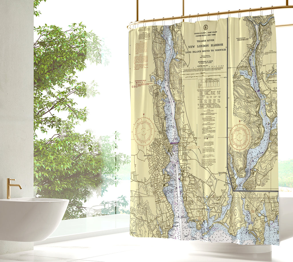 Thames River, CT Nautical Chart Shower Curtain