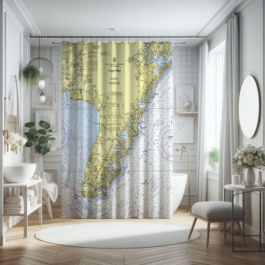 Cape May, NJ Vintage Nautical Chart Shower Curtain - Maritime Tribes USAShower Curtain