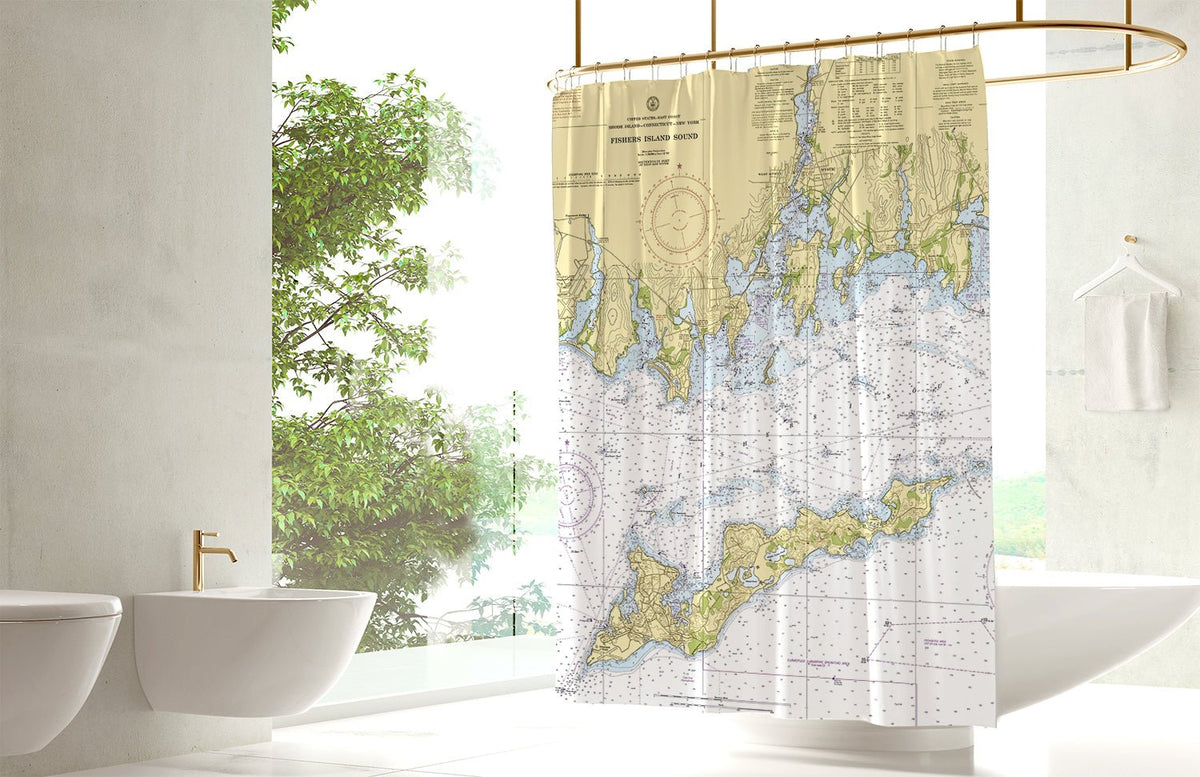 Fishers Island Sound (NY &amp; CT) Nautical Chart Shower Curtain - Maritime Tribes USAShower Curtain