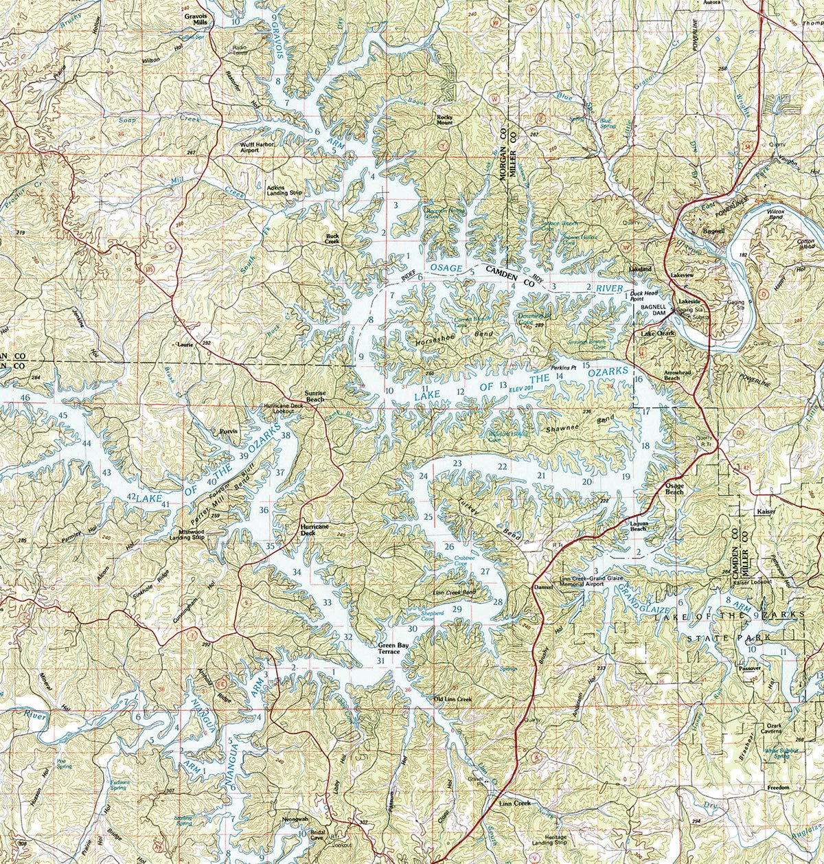 Lake of the Ozarks MO Vintage Topo Map Shower Curtain - Maritime Tribes USAShower Curtain